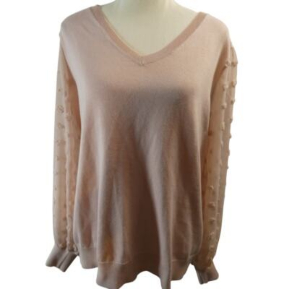 Chic Pink V-Neck Sweater with Mesh Sleeves